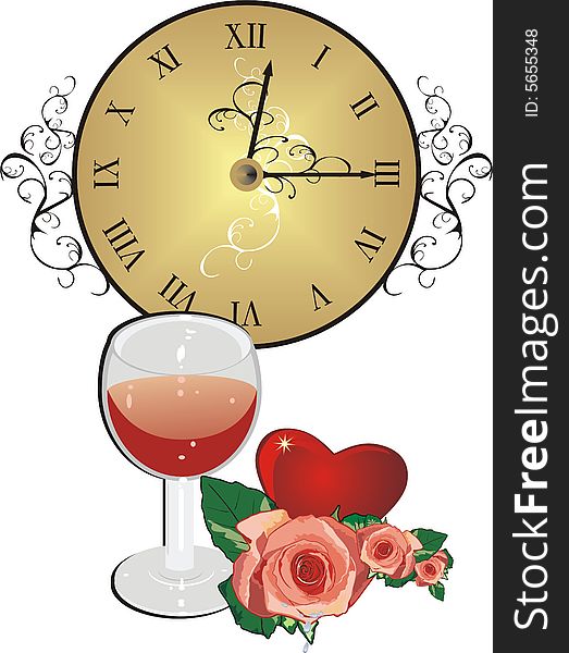 Clock, roses, heart and glass of wine. Romantic composition. Vector illustration