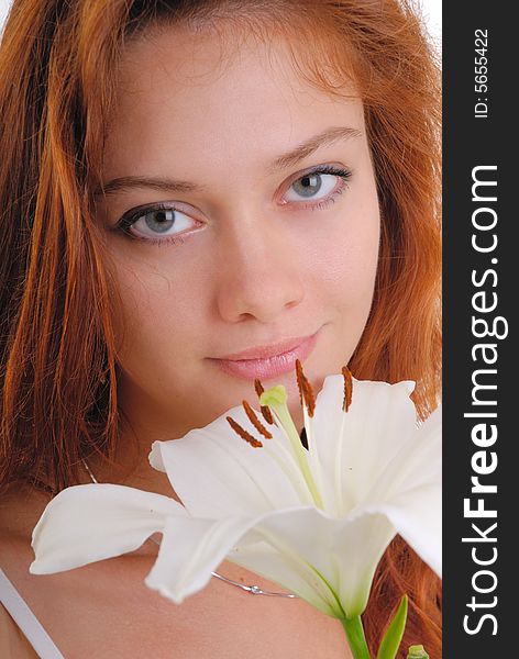 Portrait of a beautiful sexy woman  with madonna lily,. Portrait of a beautiful sexy woman  with madonna lily,