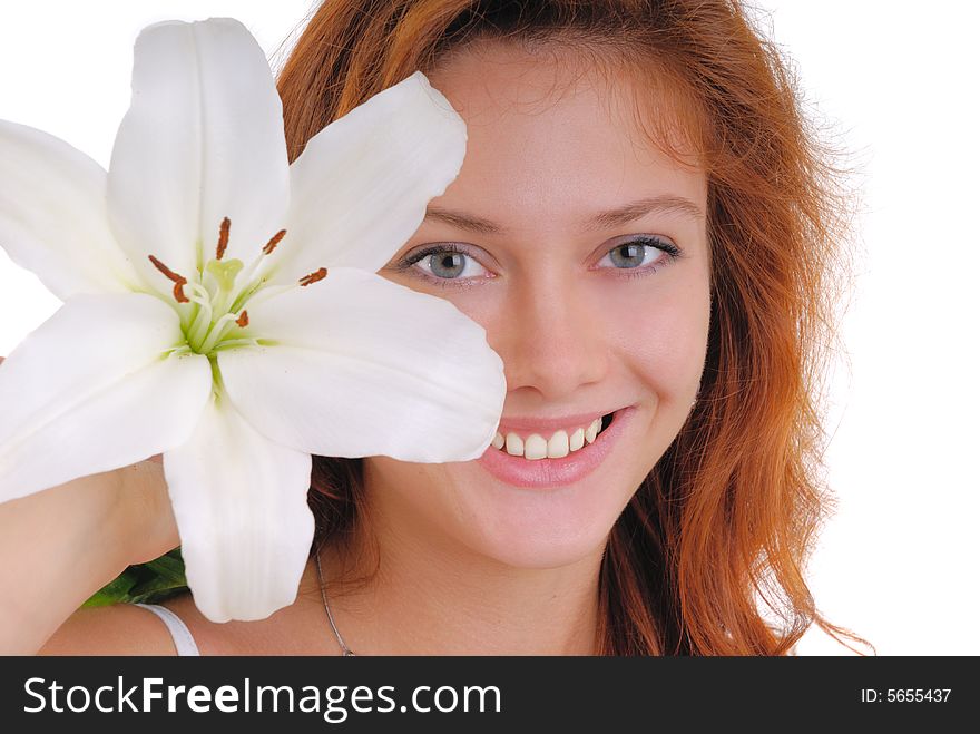 Portrait of a beautiful sexy woman  with madonna lily,. Portrait of a beautiful sexy woman  with madonna lily,