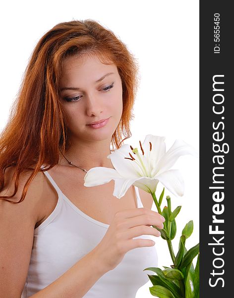 Portrait of a beautiful sexy woman  with madonna lily,. Portrait of a beautiful sexy woman  with madonna lily,