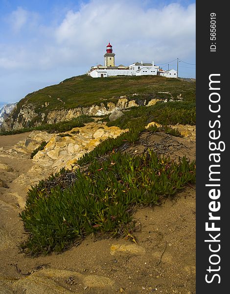 Lighthouse on  Cabo da Roca, Sintra distict, Lisbon, the westernmost point of mainland Europe and mainland Portugal.