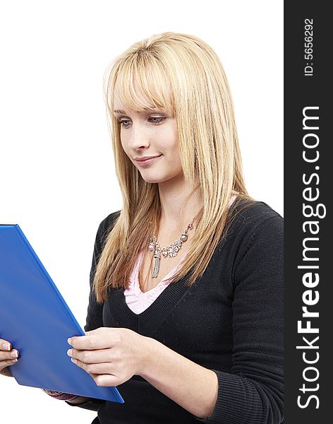 Beautiful blonde businesswoman holding her blue clipboard. Isolated on white background. Beautiful blonde businesswoman holding her blue clipboard. Isolated on white background