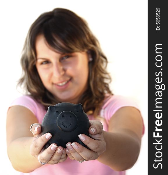 Young lady Holding Piggy Bank