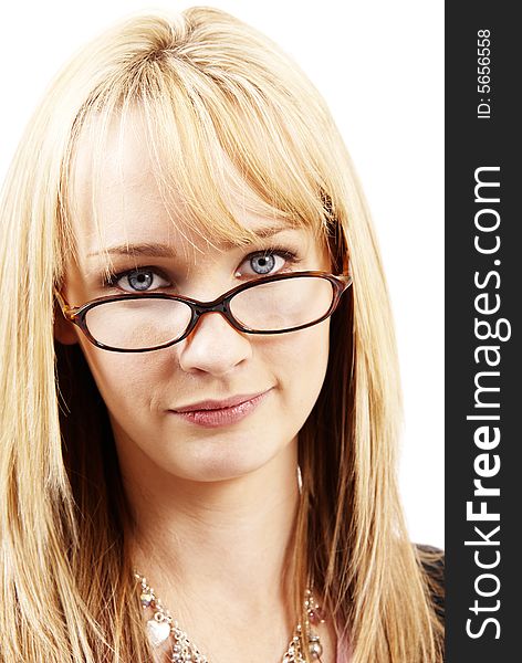 Beautiful blonde businesswoman wearing glasses. Isolated on white background. Beautiful blonde businesswoman wearing glasses. Isolated on white background