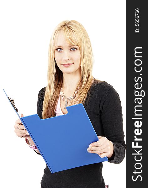 Beautiful blonde businesswoman holding her blue clipboard. Isolated on white background. Beautiful blonde businesswoman holding her blue clipboard. Isolated on white background