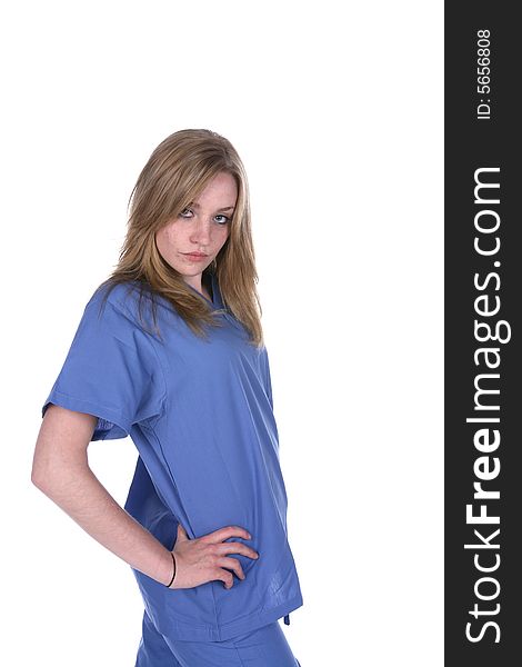 Pretty woman in blue scrubs