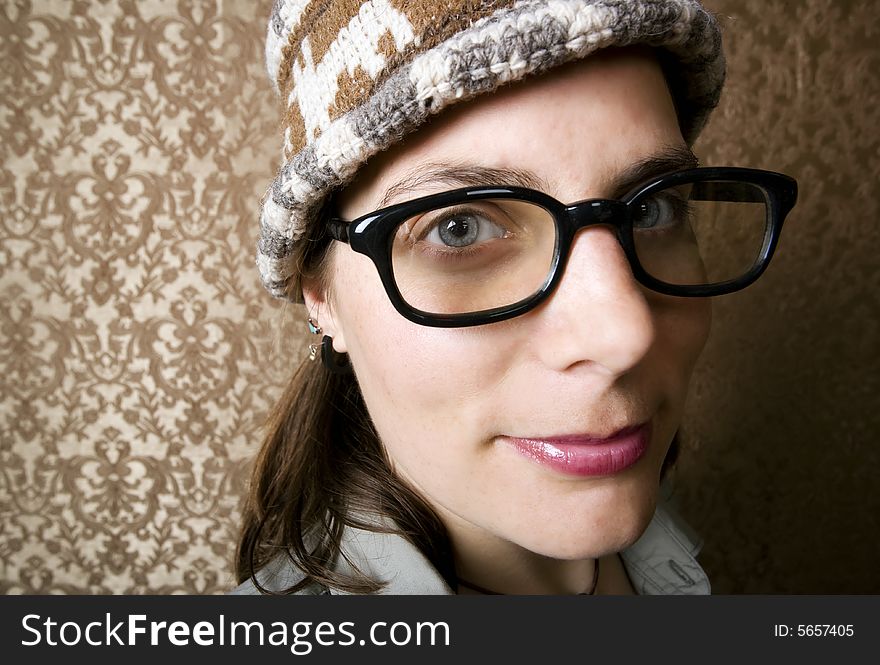 Closeup of Cute Nerdy Woman in a Knit Cap