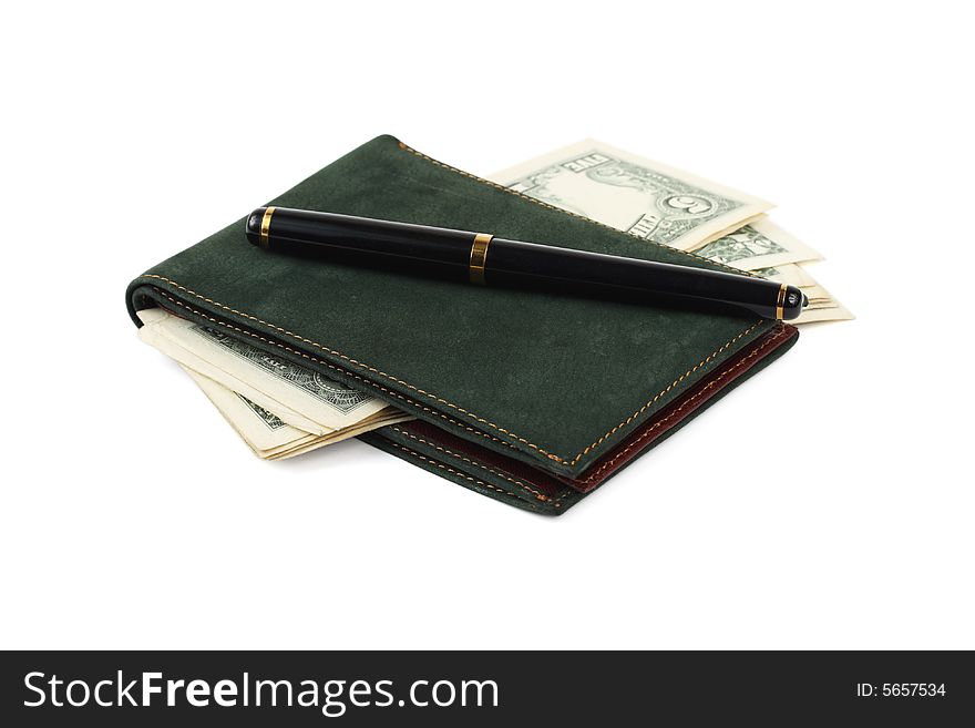 Wallet, banknotes and pen isolated on white background