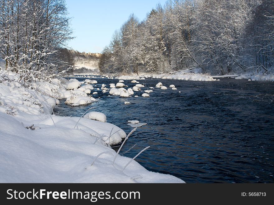 Winter landscape with the river, the blue sky and clouds