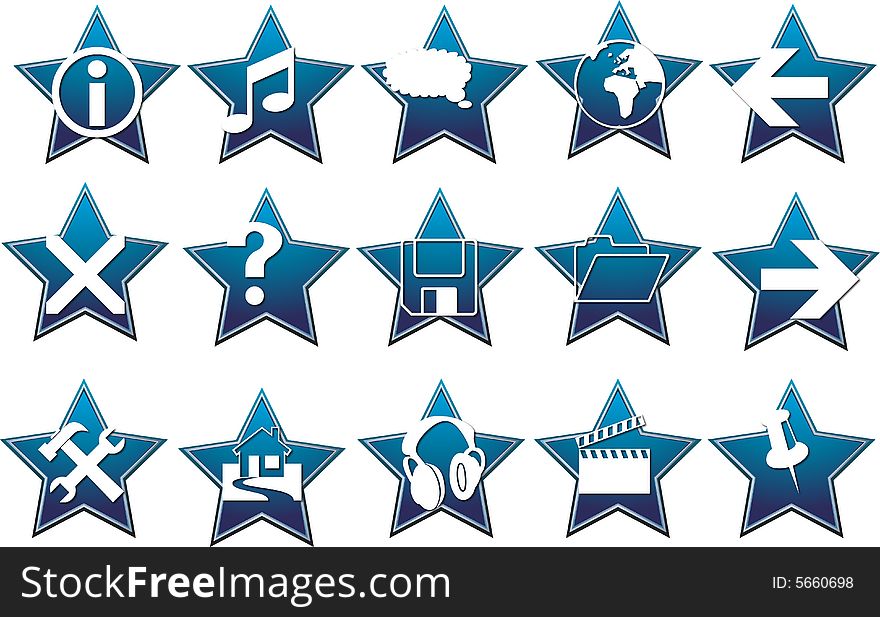 Blue star vector graphics with icons useful for web design and websites. Blue star vector graphics with icons useful for web design and websites.