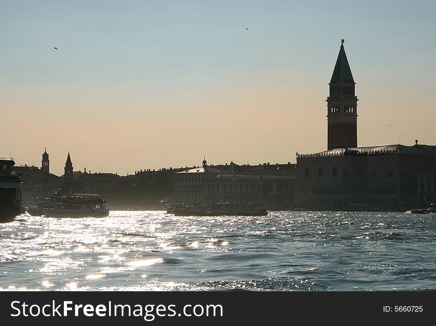 Saint Mark at sunset from the lagoon, Venice