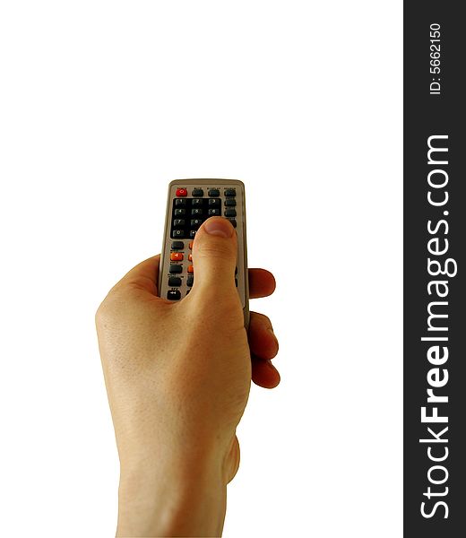 Remote-control at human hand on white background
