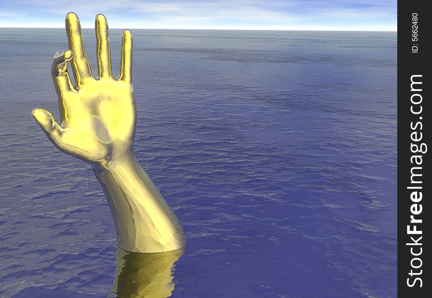 An abstract 3d rendering of a golden hand and arm sinking below the surface of a calm sea. An abstract 3d rendering of a golden hand and arm sinking below the surface of a calm sea