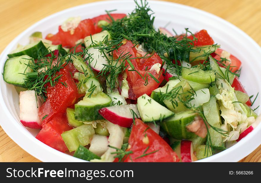 Salad, vegetables, tomato, fennel, cucumber, garden, radish, plate, table