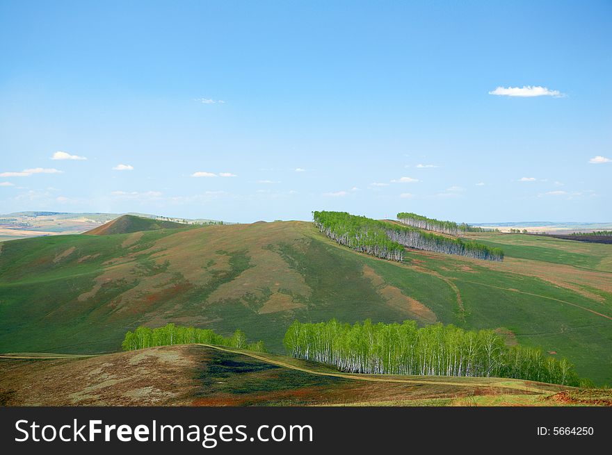 Green field under blue sky with clouds