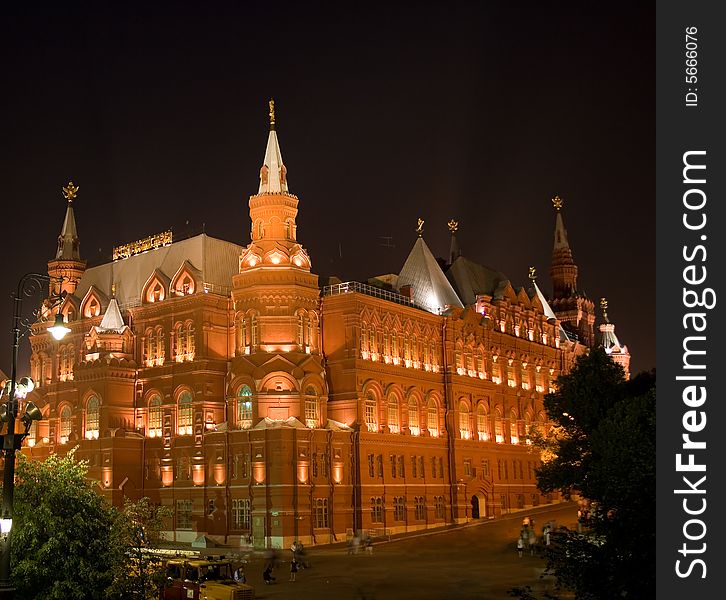 The Moscow Historical Museum side view by night. The Moscow Historical Museum side view by night