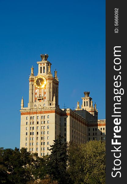 One of the Moscow State University towers with its clock. One of the Moscow State University towers with its clock