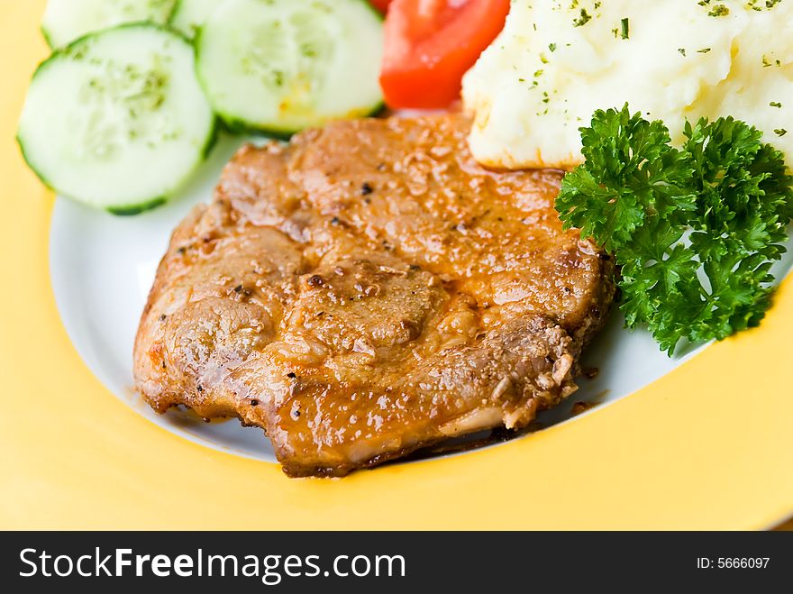 Barbecue With Steaks Of Pork,puree Potatoes,salad