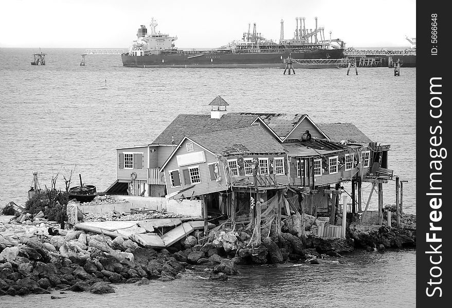 The view of a house restaurant destroyed by the hurricane in Freeport, on Grand Bahama Island, The Bahamas. The view of a house restaurant destroyed by the hurricane in Freeport, on Grand Bahama Island, The Bahamas