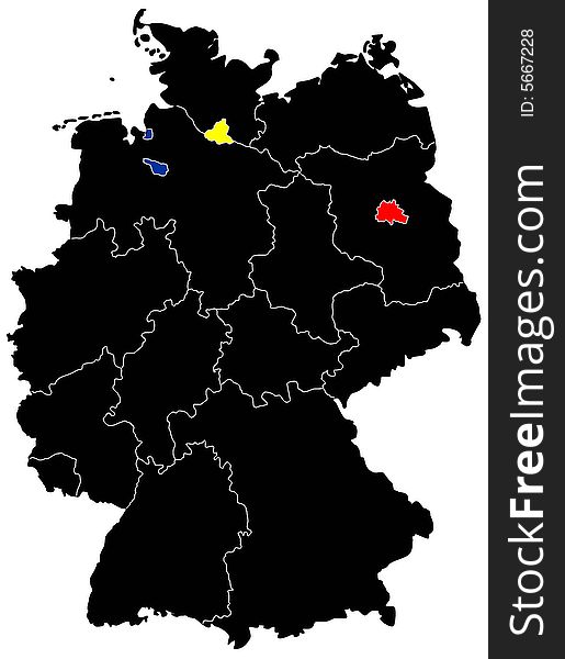 Abstract map of Germany in black, red, yellow and blue colours