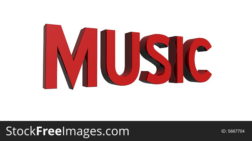 3D render of reflective red text on a white background, music. 3D render of reflective red text on a white background, music