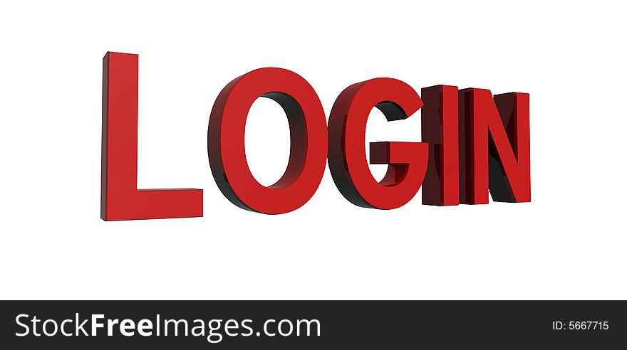 3D render of reflective red text on a white background, login. 3D render of reflective red text on a white background, login