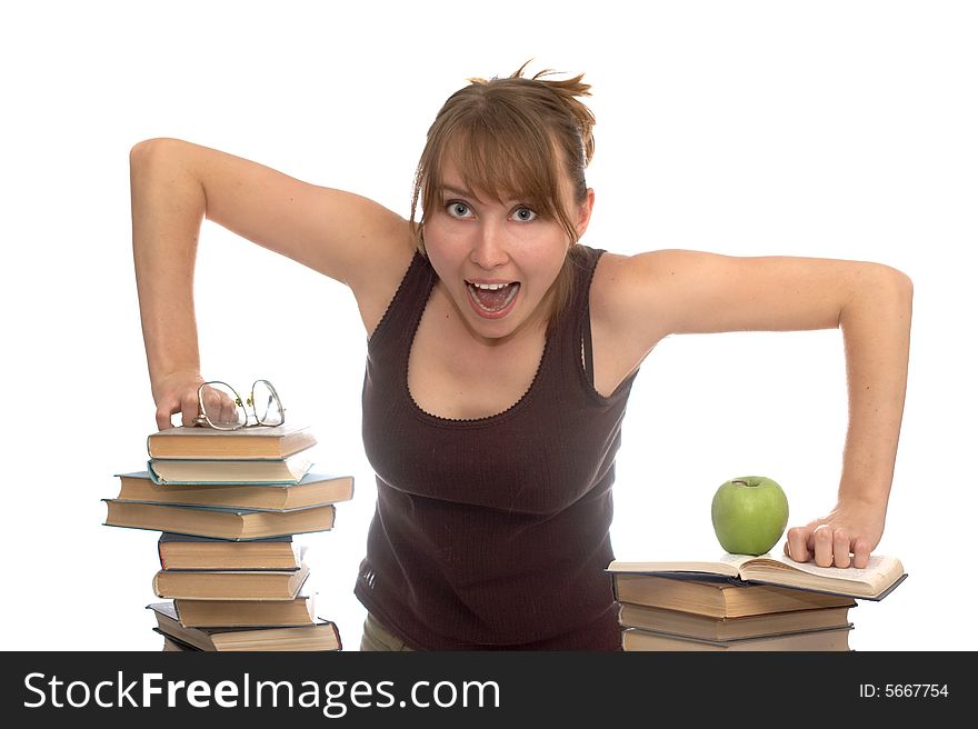 Young Woman And Pile Of Books