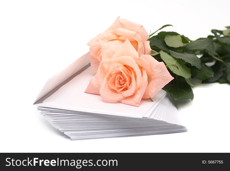Rose and pile of envelopes on a white background