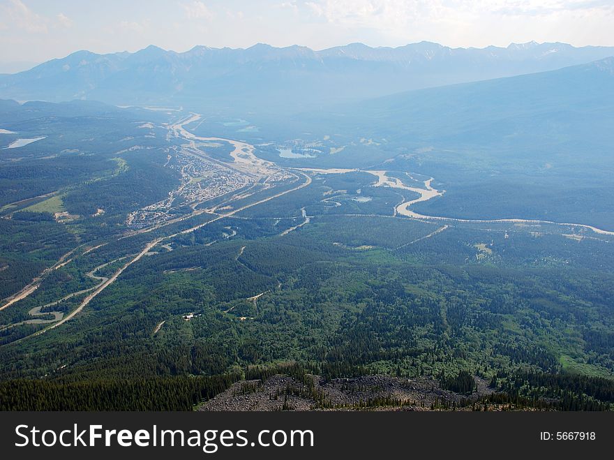 Bird view of Jasper Town from Mountain Whistler Jasper National Park Alberta Canada