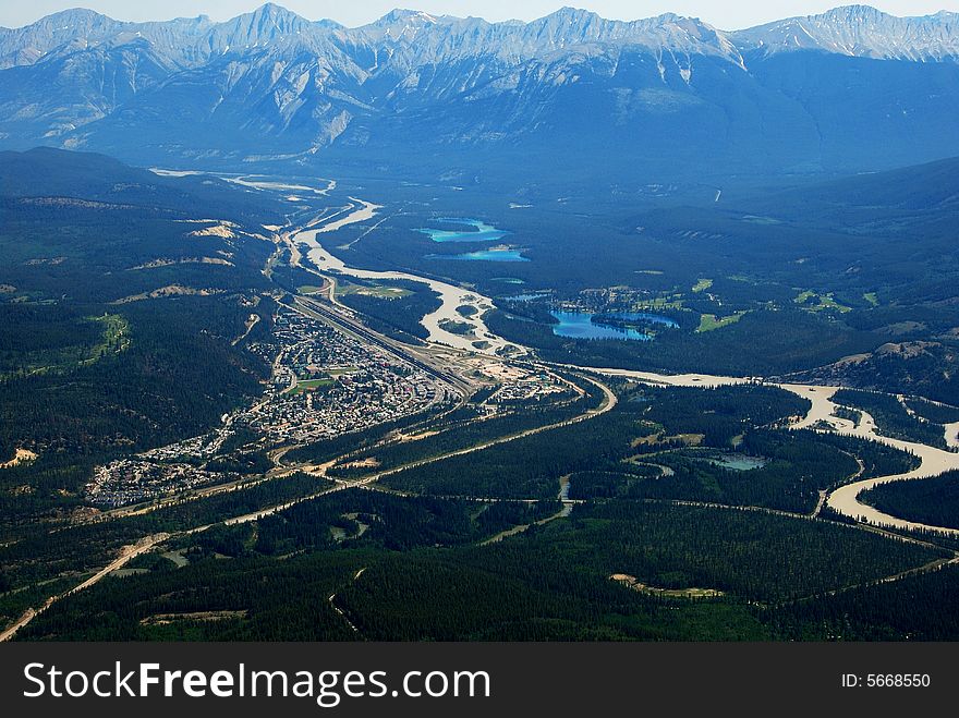 Bird view of Jasper Town from Mountain Whistler Jasper National Park Alberta Canada