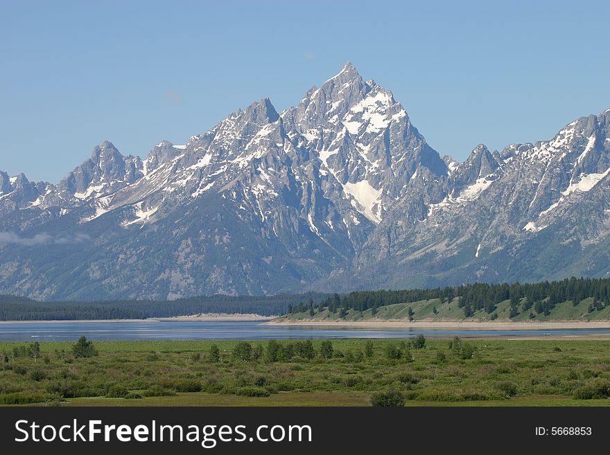 A panaromic view of the Grand Teton Mountains in Grand Teton National Park.