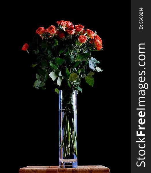 Beautiful roses in a blue vase on black background
