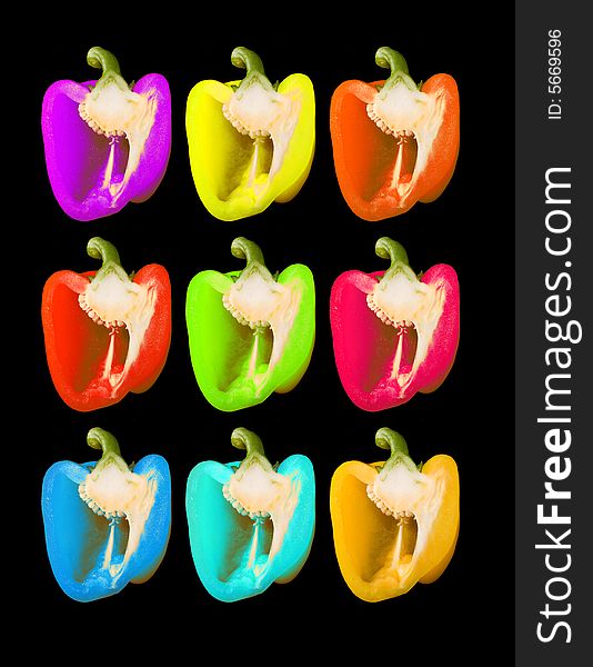 Beautiful dissected pimientos in various colors on black background, studio style. Beautiful dissected pimientos in various colors on black background, studio style