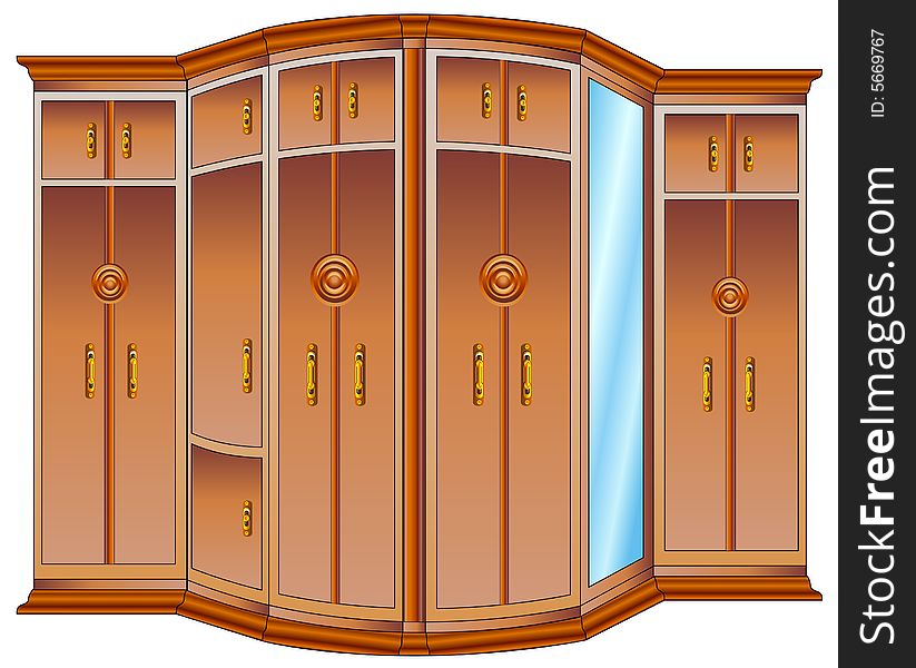 Modern large wooden wardrobe with mirror and carved handles, illustration