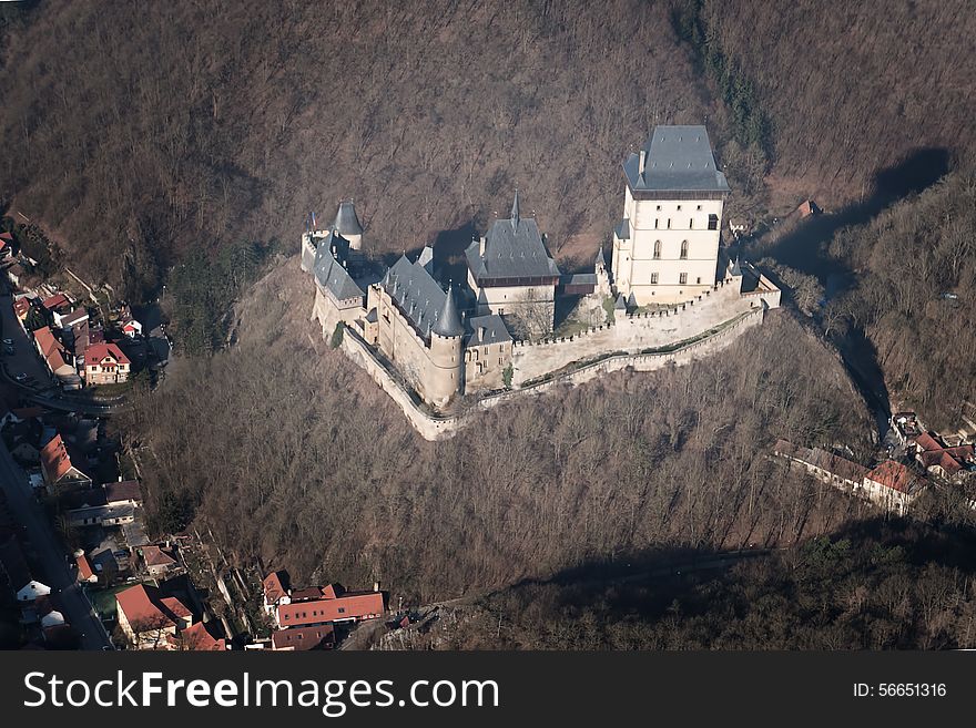 Castle Karlstejn from the plane in spring. Castle Karlstejn from the plane in spring