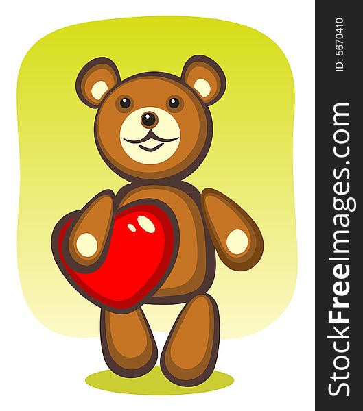 Toy bear and heart on a green background. Valentine's illustration. Toy bear and heart on a green background. Valentine's illustration.