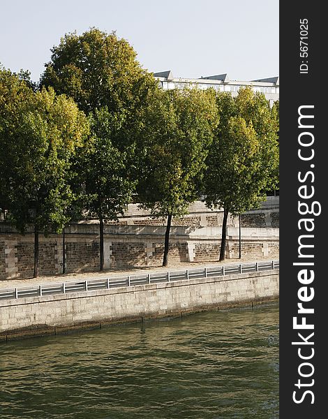 Seine River Bank, Paris On A Clear Sunny Day In France. Seine River Bank, Paris On A Clear Sunny Day In France