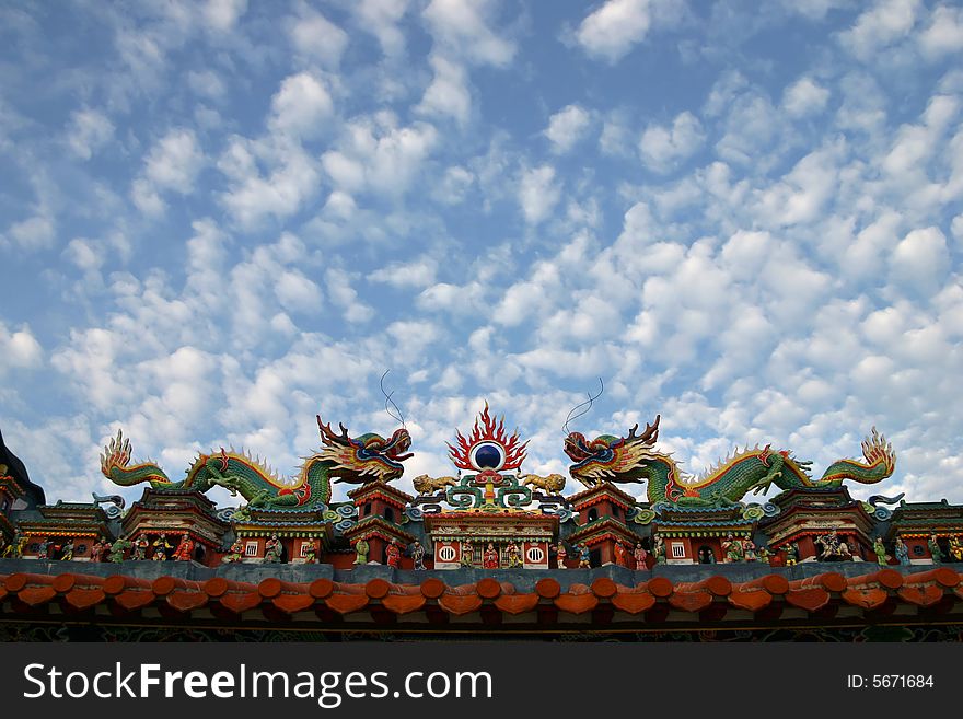 Roof of Chinese temple with dragons against the sky.