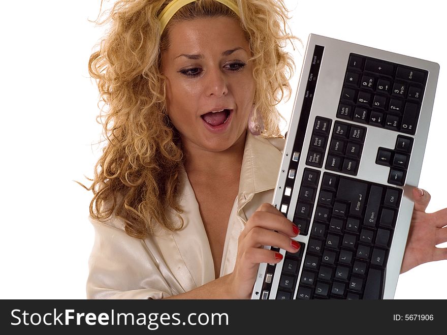 Blonde girl with curly hair holding computers's keyboard