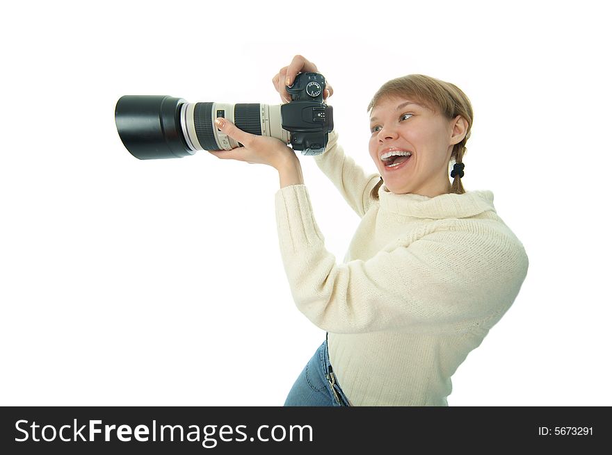 Woman photographer with photo camera on white background