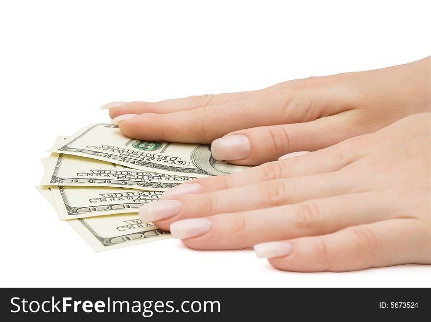 Us dollars banknotes with female hands on them, isolated, with clipping path. Us dollars banknotes with female hands on them, isolated, with clipping path