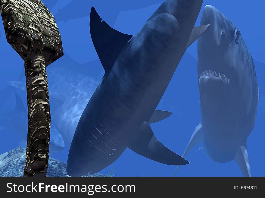 School of hungry sharks in the caribbean sea