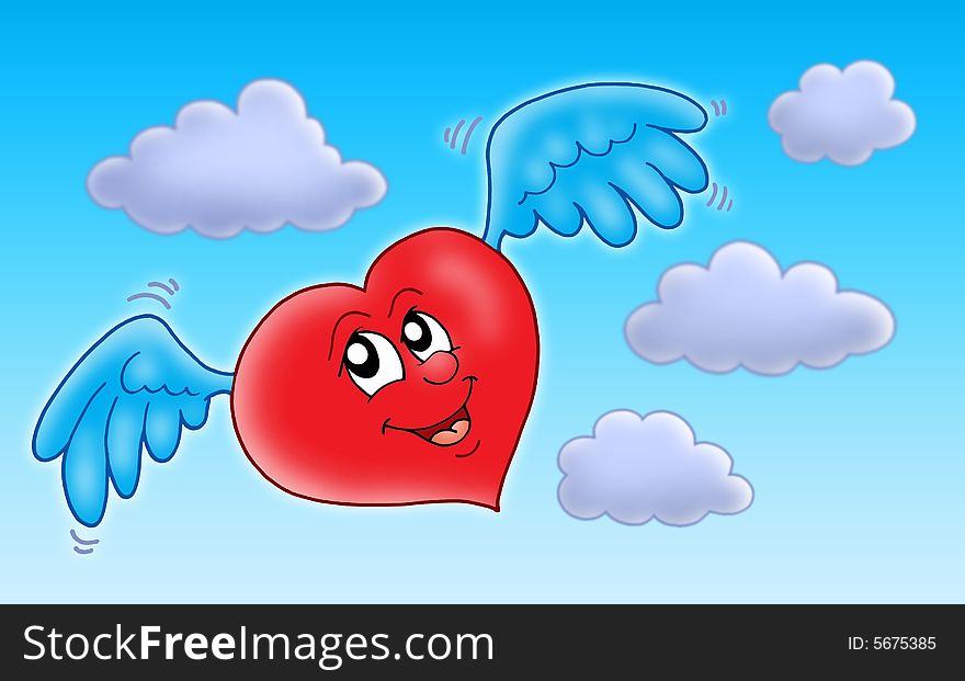 Flying heart on blue sky - color illustration.