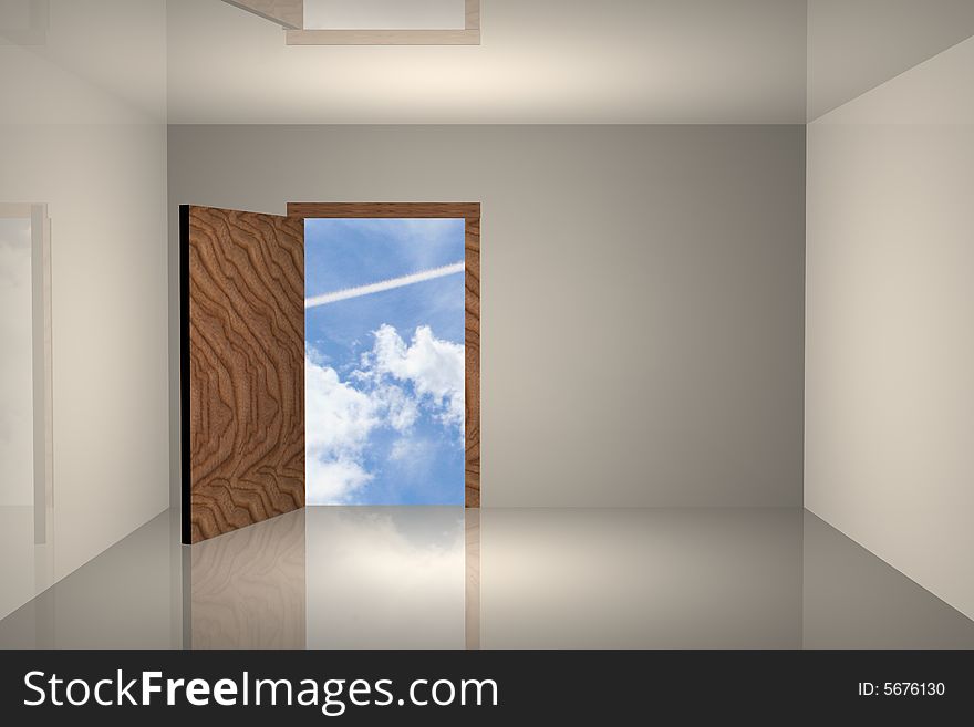 Empty room with blue sky behind the door. Empty room with blue sky behind the door