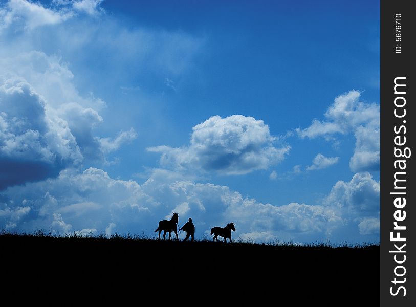 Runaway horses and farmer on big clouds background