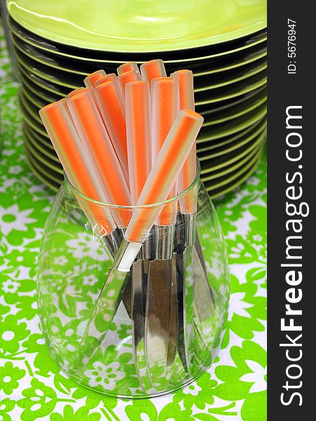 Multi-reflection of green  table-cloth in bright coating of a blades. Multi-reflection of green  table-cloth in bright coating of a blades