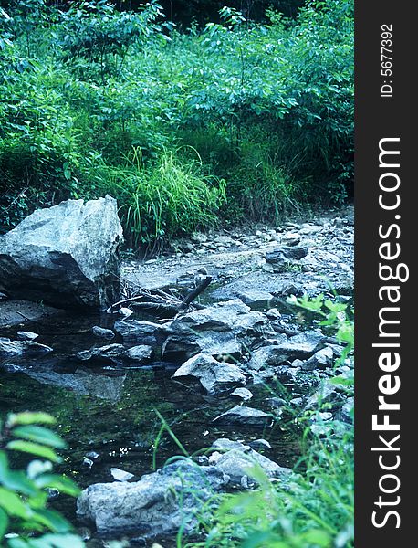 Small stream with many rocks and vegetation. Small stream with many rocks and vegetation.