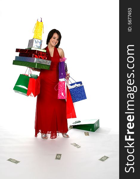 Teen with shopping bags and scattered money. Teen with shopping bags and scattered money