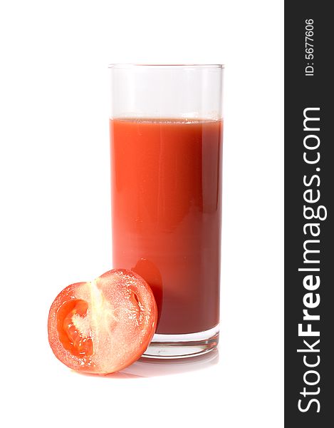 Tomatoes and juice on a white background