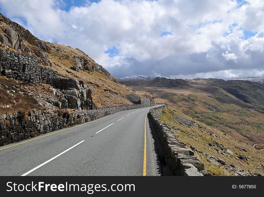 Mountain road in snowdonia park, Wales, UK.